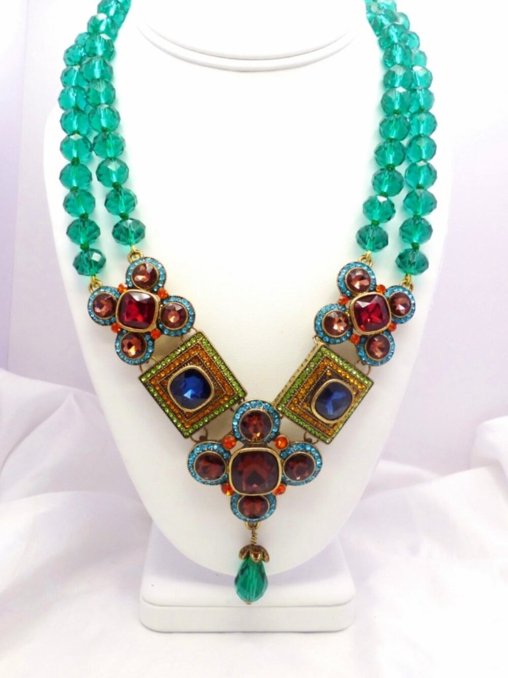 Heidi Daus Necklace 2 Strands Teal & RainbowSwarovski Crystals Signed 32867